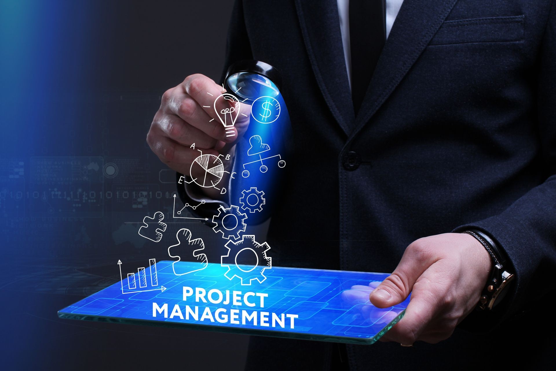 Business, Technology, Internet and network concept. Young businessman working on a virtual screen of the future and sees the inscription: Project management
